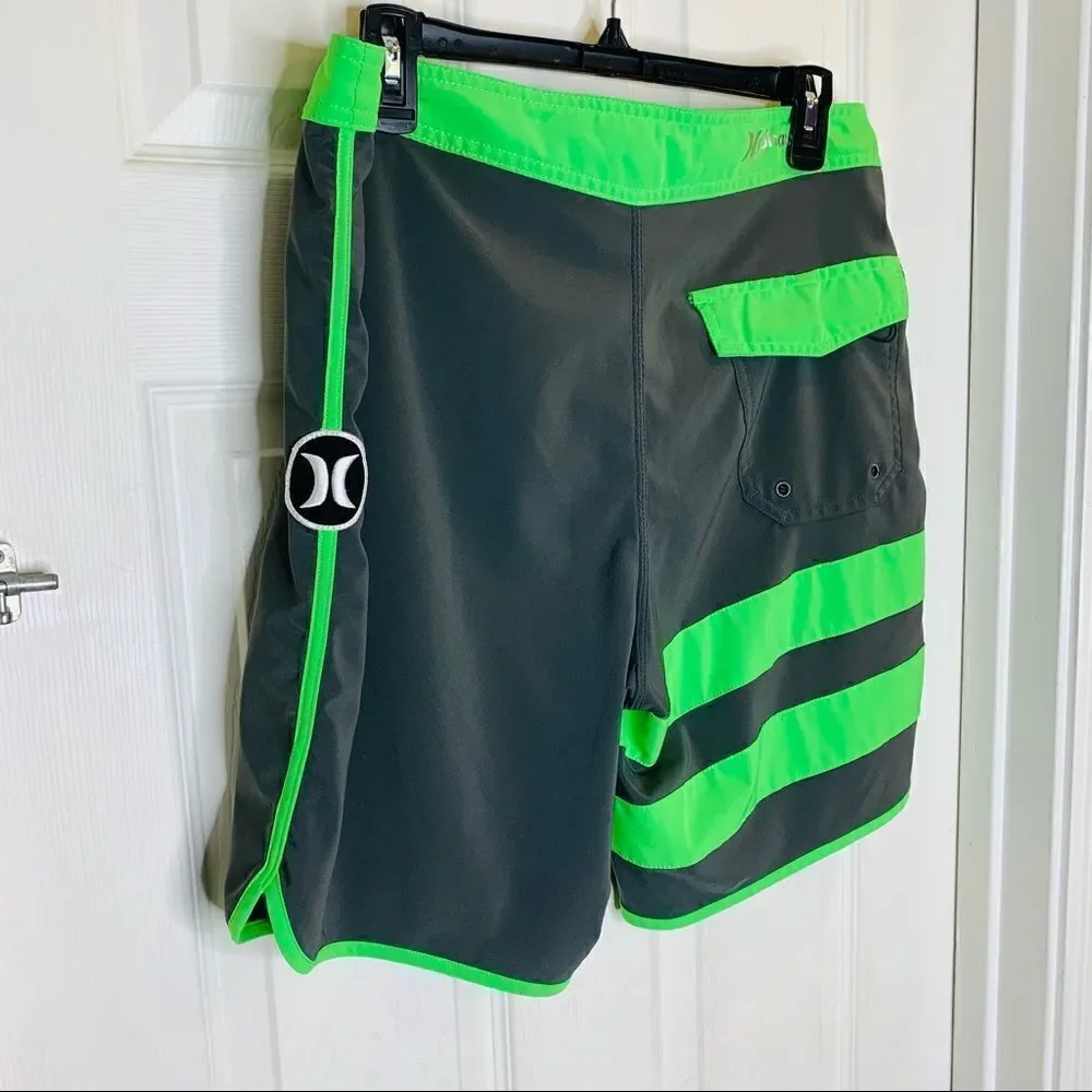 Hurley Phantom Gray Green Striped Unlined Drawstring Board Shorts Size Large